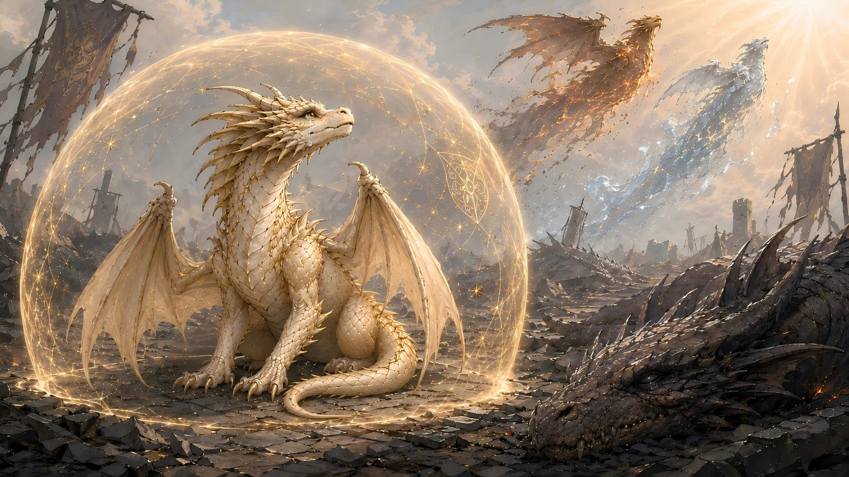 Aurelith protected by the Dragon King's final shield as dragonkind is consumed by the Last Flame
