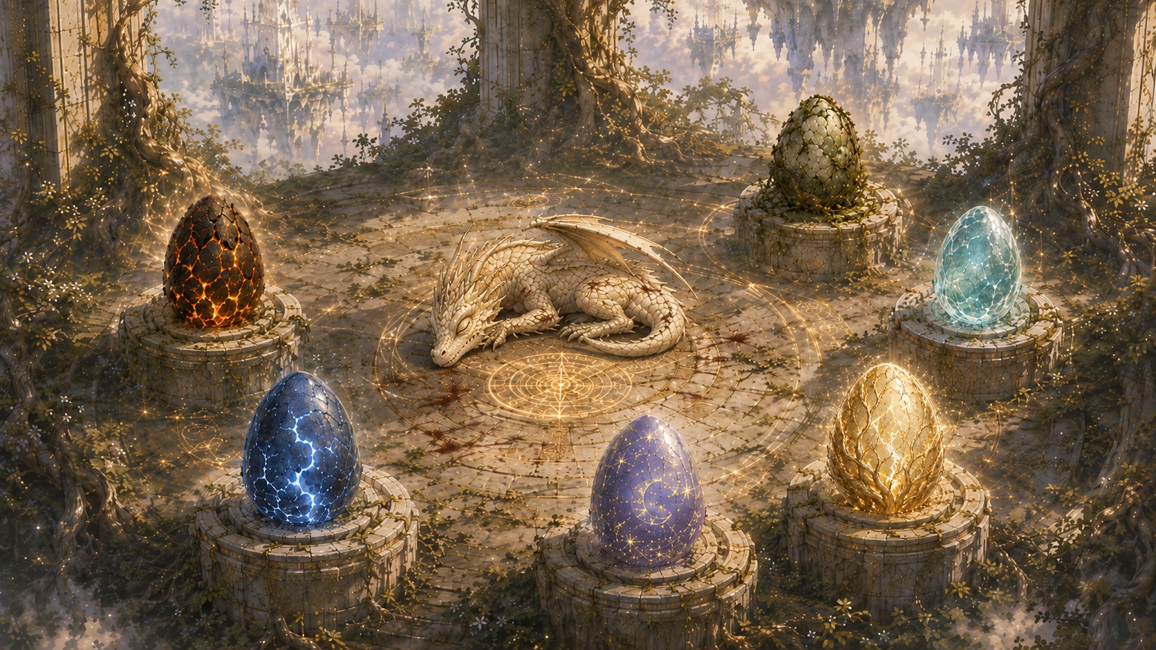 Young Aurelith, wounded and sleeping at the heart of the sanctuary, surrounded by the six final dragon eggs