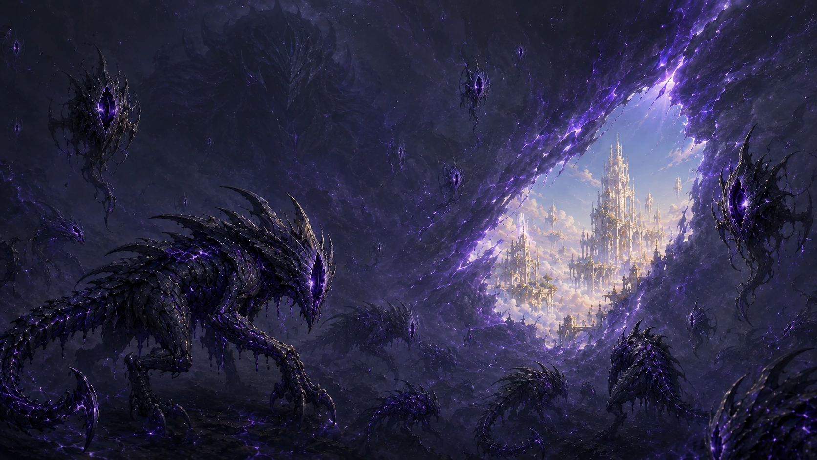 The Void beyond the Veil, with Voidborn gathering around a fracture that opens toward the sanctuary